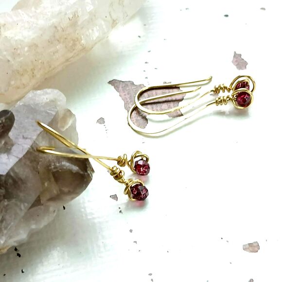 Hammered Dainty Ruby Red Glass Beaded Dangle Earrings, 1.5" - Picture 6 of 7
